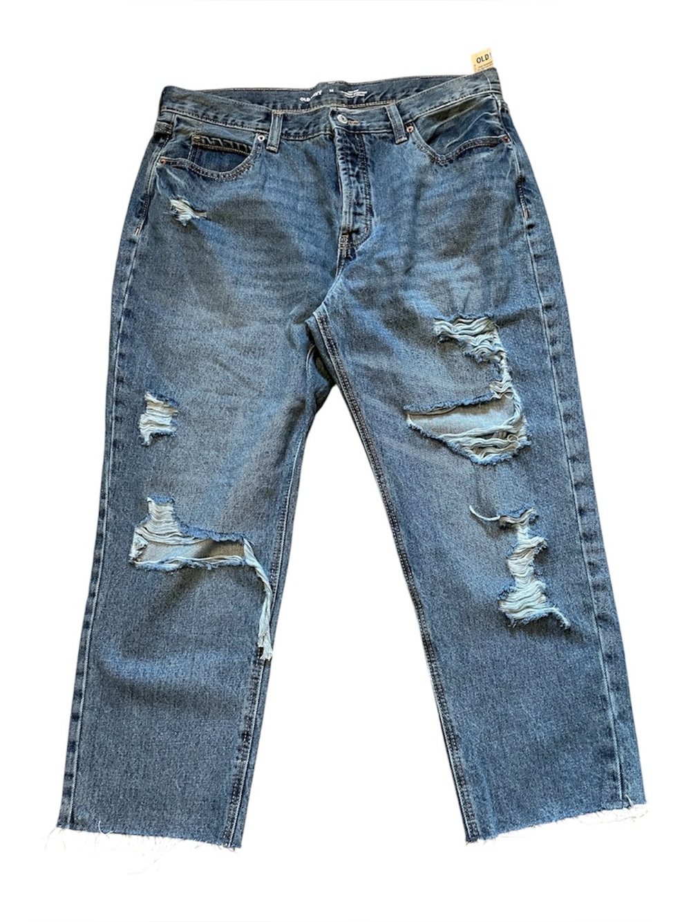 Old Navy Button Fly High-Rise Slouchy Straight Distressed Raw Hem cropped Jeans